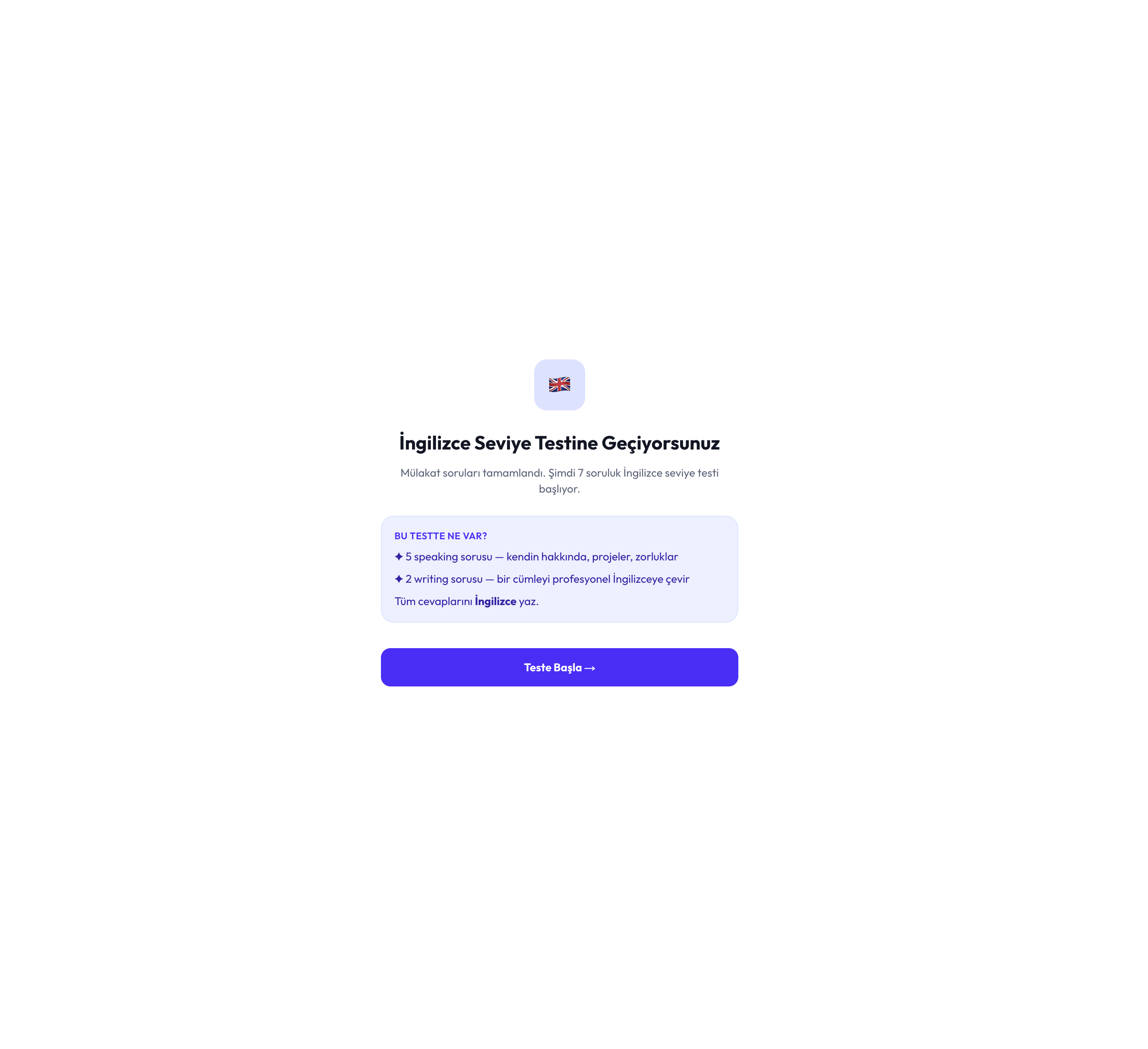 İngilizce seviye testi ekranı
